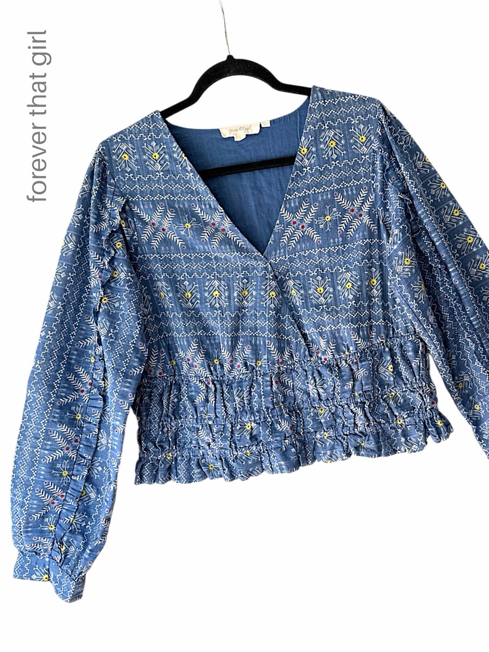 FOREVER THAT GIRL ANTHROPOLOGIE NWOT EMBROIDERED SMOCKED WAIST COTTON TOP LARGE